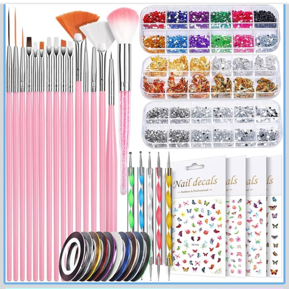 Nail Art Kit with Pink Brushes and Rhinestones nail supplies stickers tools